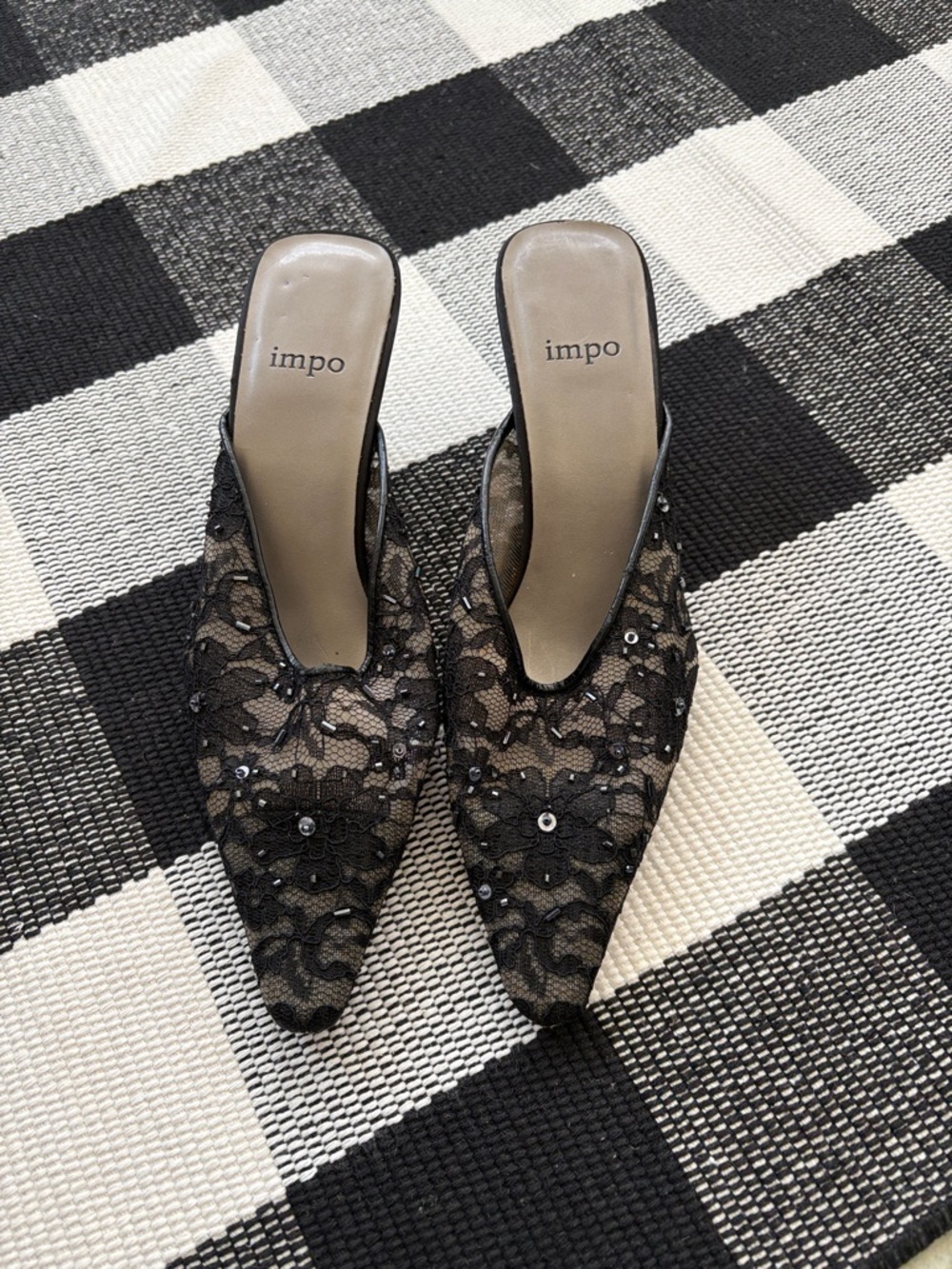 Impo Black Lace Pointed Slip-On Mules with Beaded Detail
